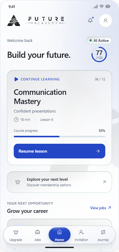 Future Academy app design in Day mode, showing learning progress and career guidance