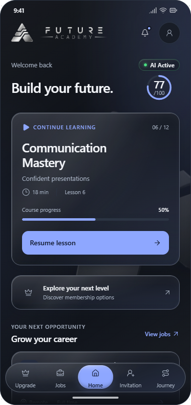Future Academy app design in Night mode, showing learning progress and career guidance